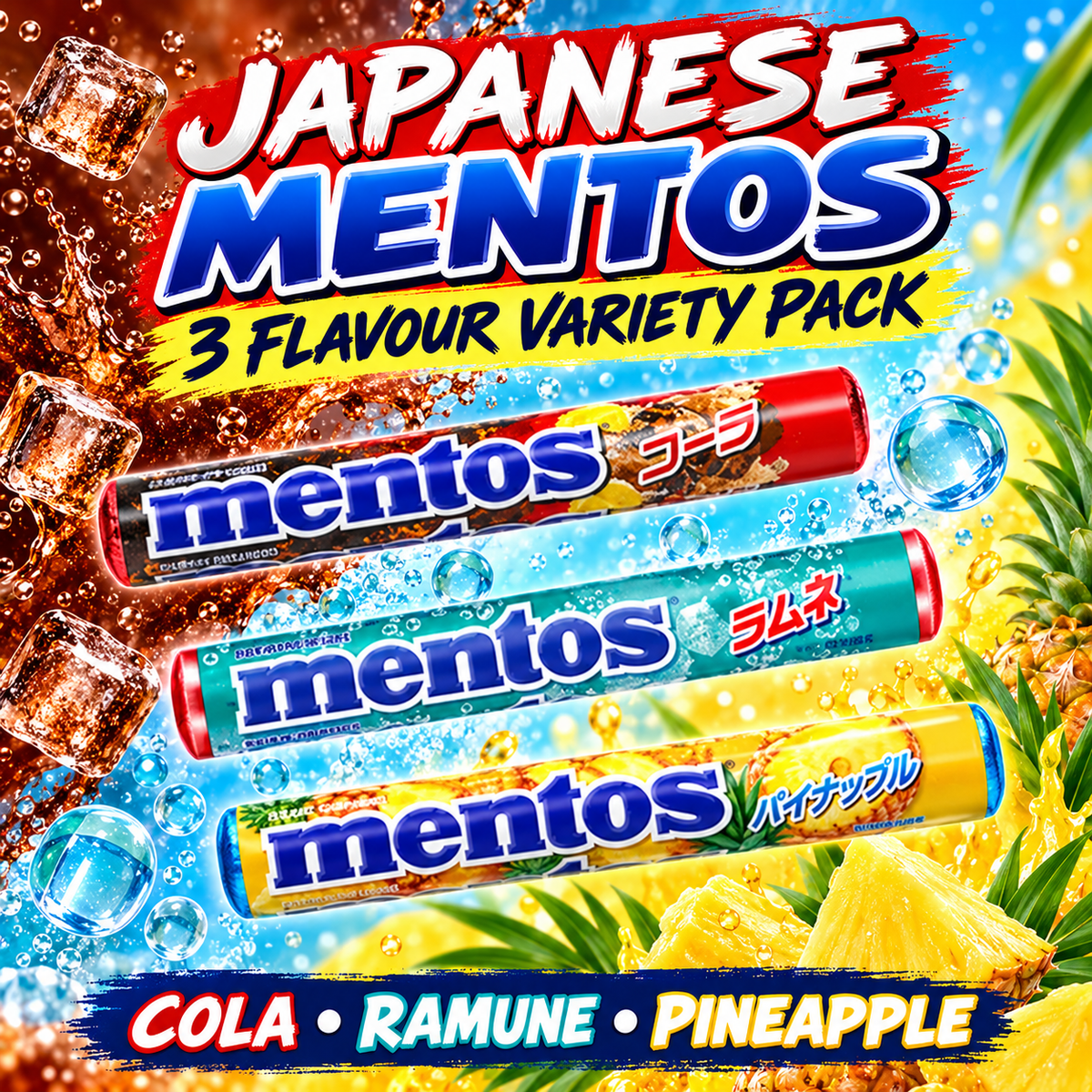 Japanese Mentos Rolls Variety 38gm – Cola, Ramune & Pineapple (Pack of 3)