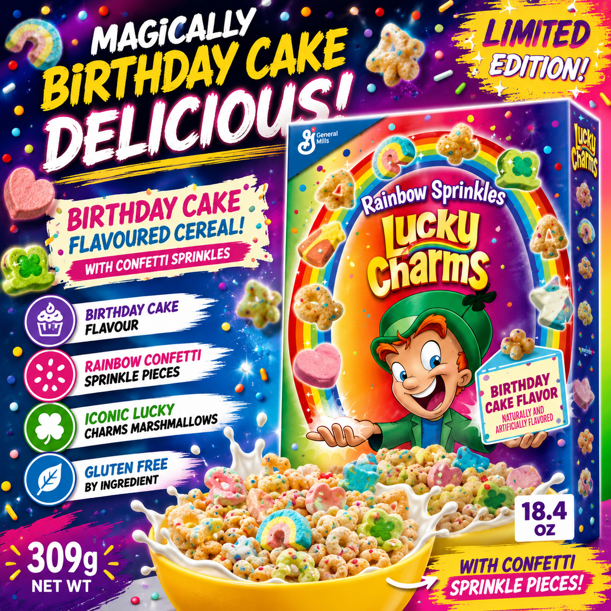 USA Cereal Lucky Charms Rainbow Sprinkles (Birthday Cake) 309gm