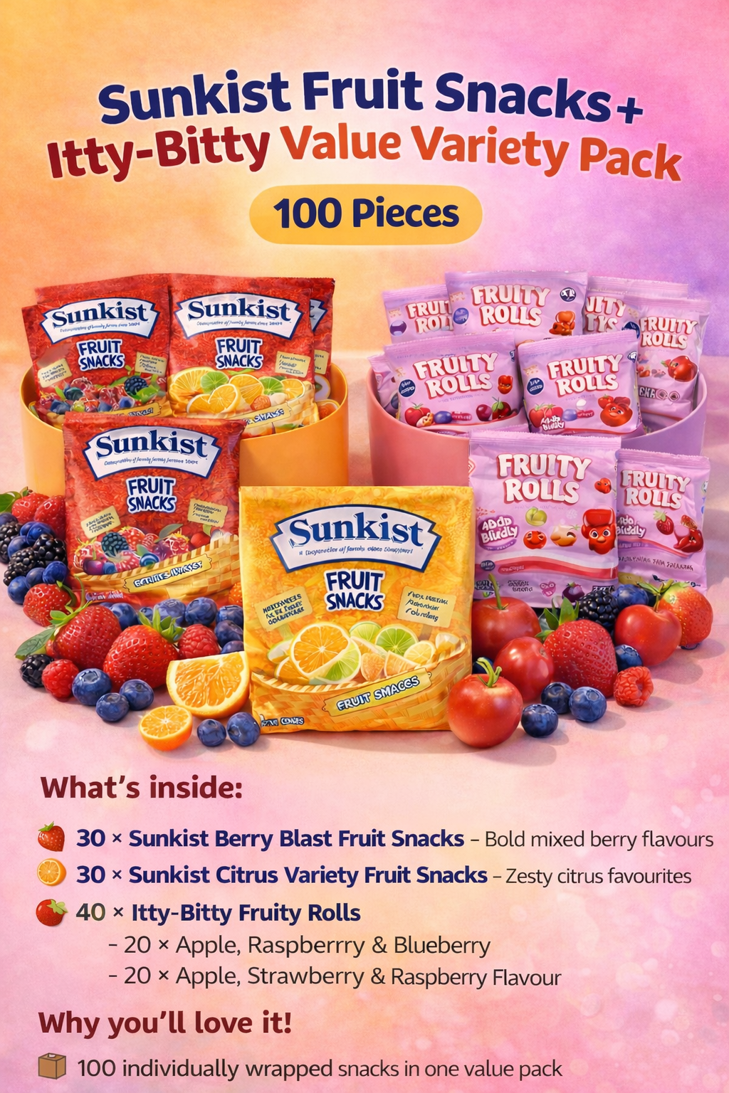 Sunkist Fruit Snacks + Iddy Biddy Value Variety Pack - 100 pieces