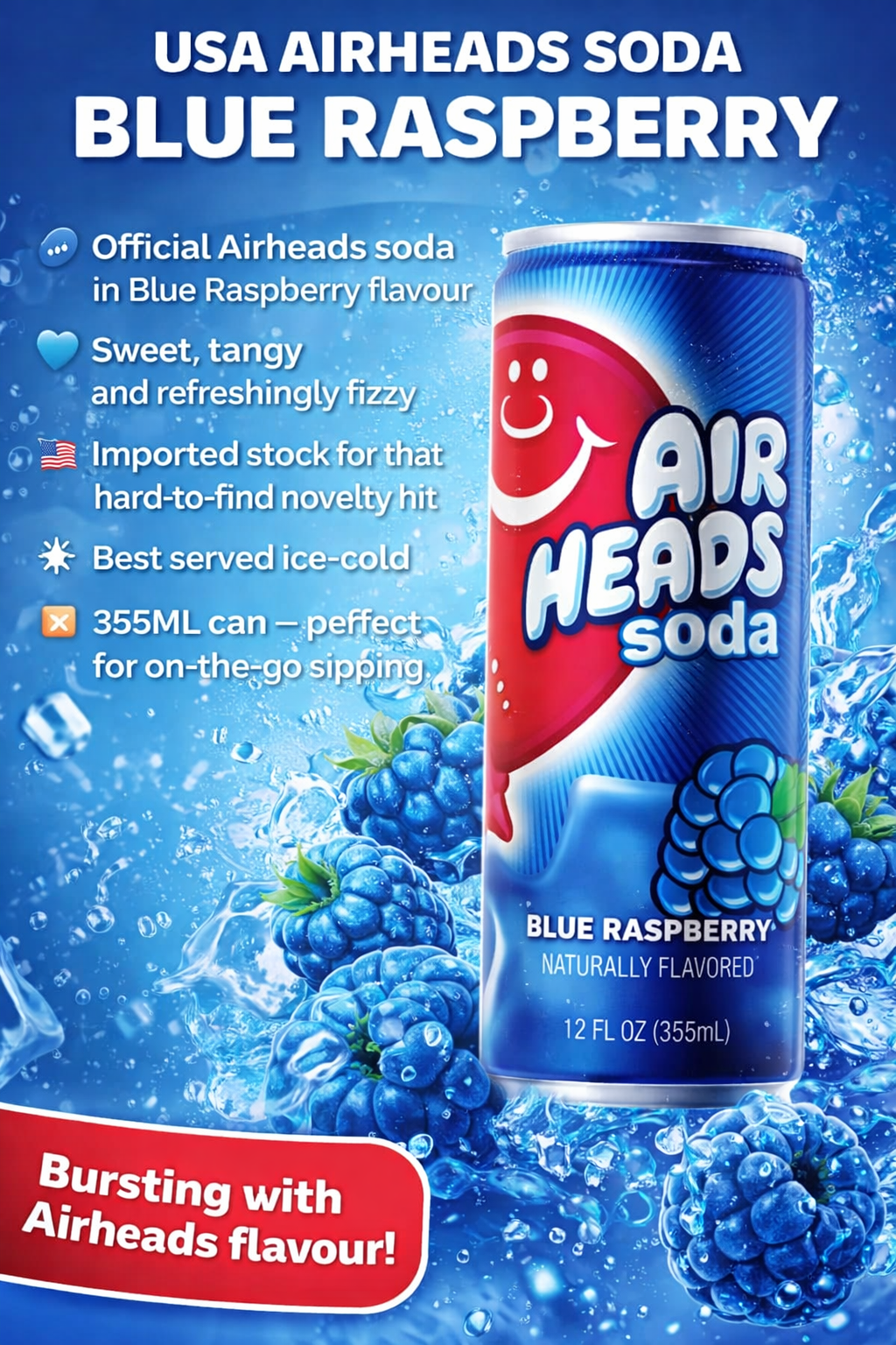 Blue Raspberry Soda Design USA Airheads Soda 355ml - Blue Raspberry – SnackEzy Australia